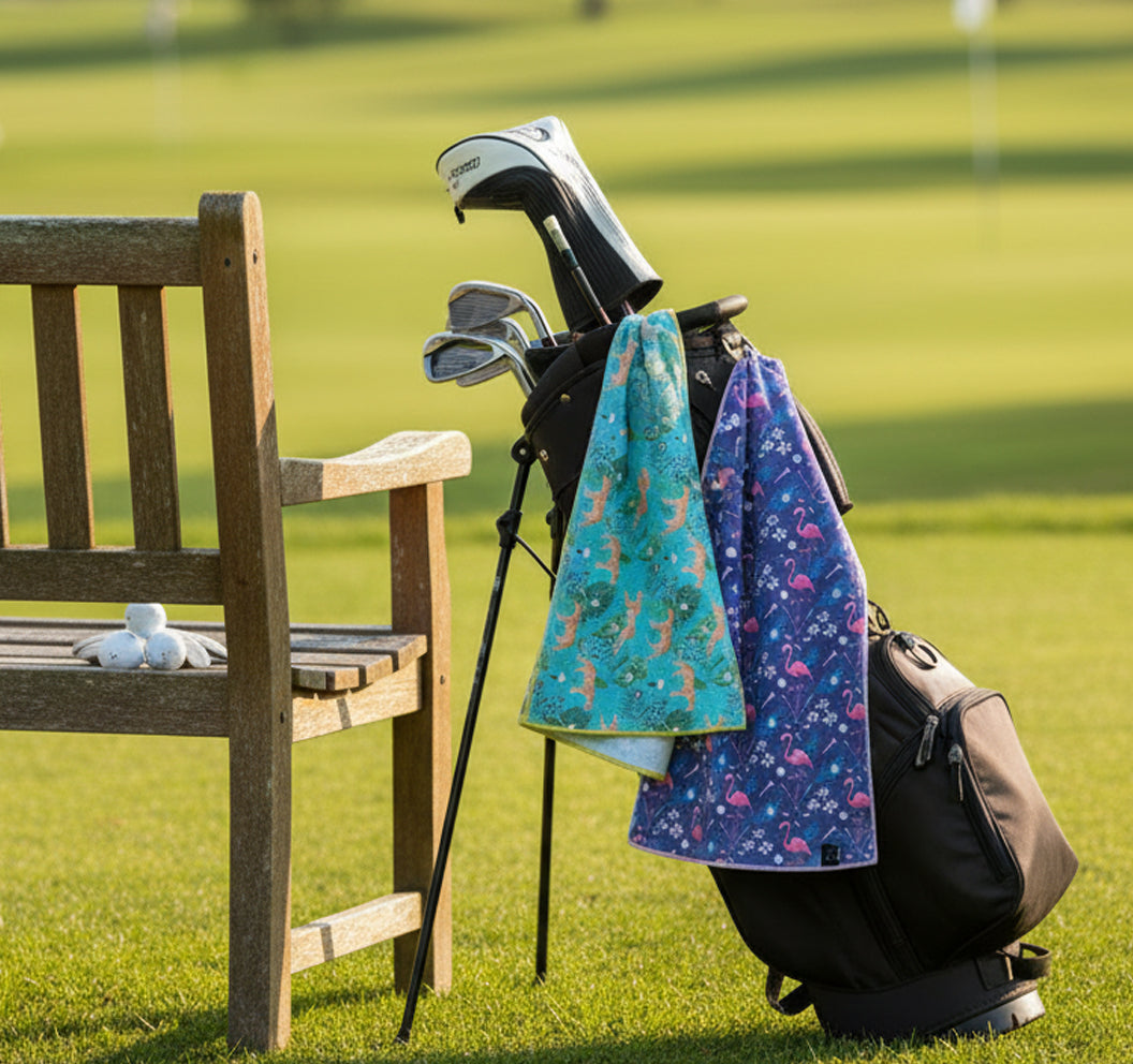 2 Pack V-Shaped Golf Club Stand With Golf Towels Set of 2 Keeps Your Clubs Clean, Dry & Visible, V-Stick Club Stand Made of Highly Durable Stainless Steel - Easy to Carry Golf Club Holder