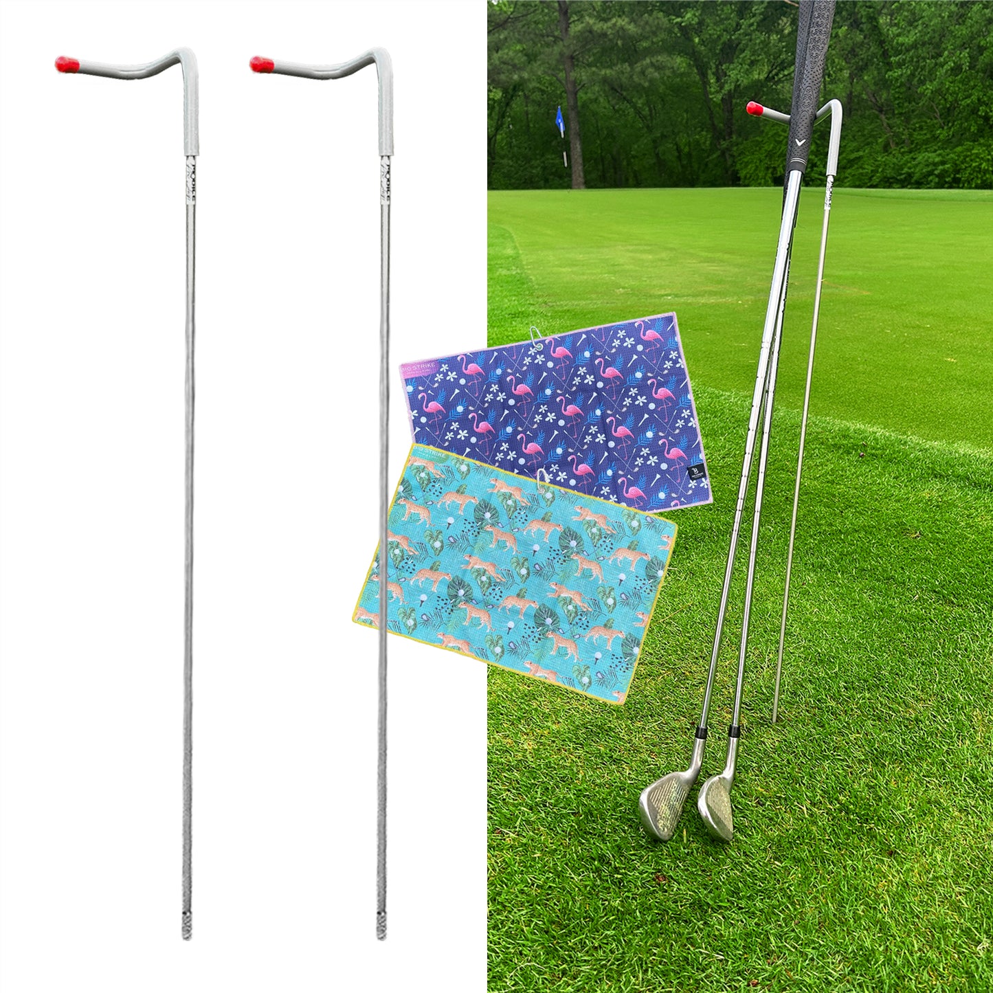 2 Pack V-Shaped Golf Club Stand With Golf Towels Set of 2 Keeps Your Clubs Clean, Dry & Visible, V-Stick Club Stand Made of Highly Durable Stainless Steel - Easy to Carry Golf Club Holder