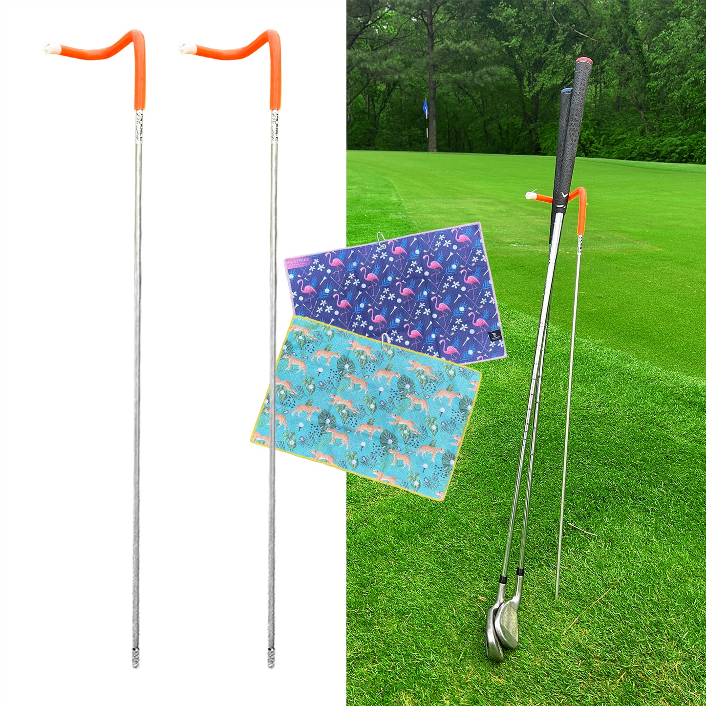 2 Pack V-Shaped Golf Club Stand With Golf Towels Set of 2 Keeps Your Clubs Clean, Dry & Visible, V-Stick Club Stand Made of Highly Durable Stainless Steel - Easy to Carry Golf Club Holder