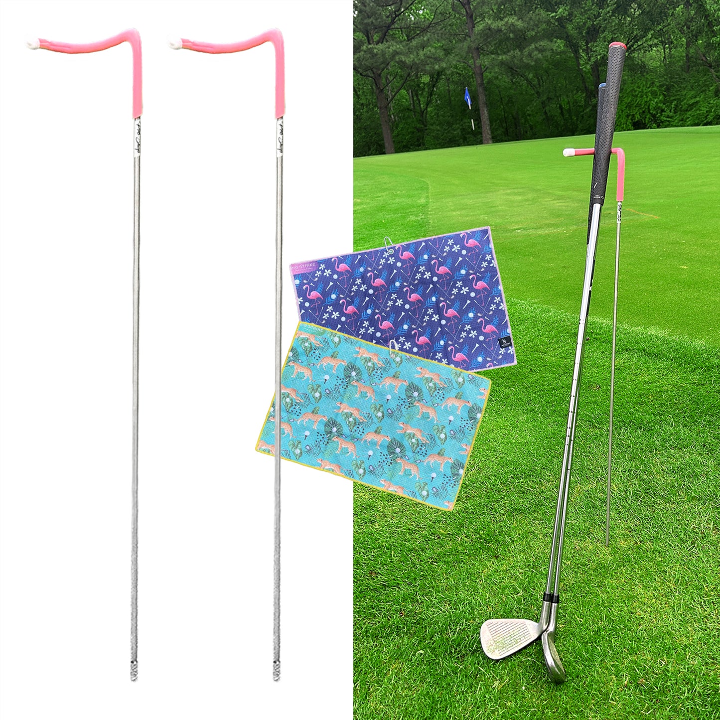 2 Pack V-Shaped Golf Club Stand With Golf Towels Set of 2 Keeps Your Clubs Clean, Dry & Visible, V-Stick Club Stand Made of Highly Durable Stainless Steel - Easy to Carry Golf Club Holder