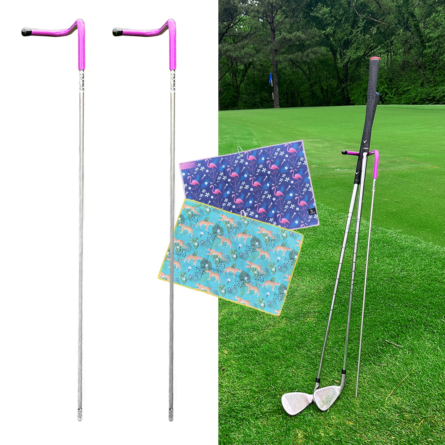 2 Pack V-Shaped Golf Club Stand With Golf Towels Set of 2 Keeps Your Clubs Clean, Dry & Visible, V-Stick Club Stand Made of Highly Durable Stainless Steel - Easy to Carry Golf Club Holder