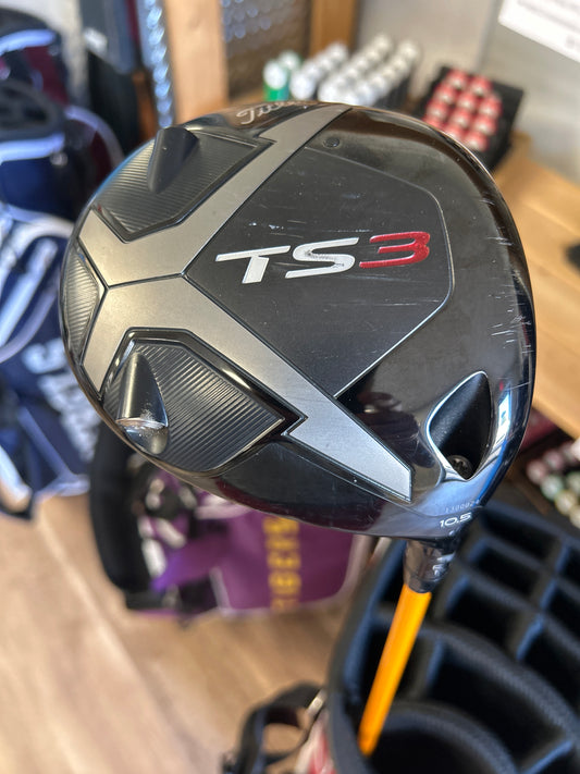 Titleist TS3 10.5° driver with a UST Mamiya Proforce V2 69 Series RH.  NOTE- DENT ON CROW NEAR TOE