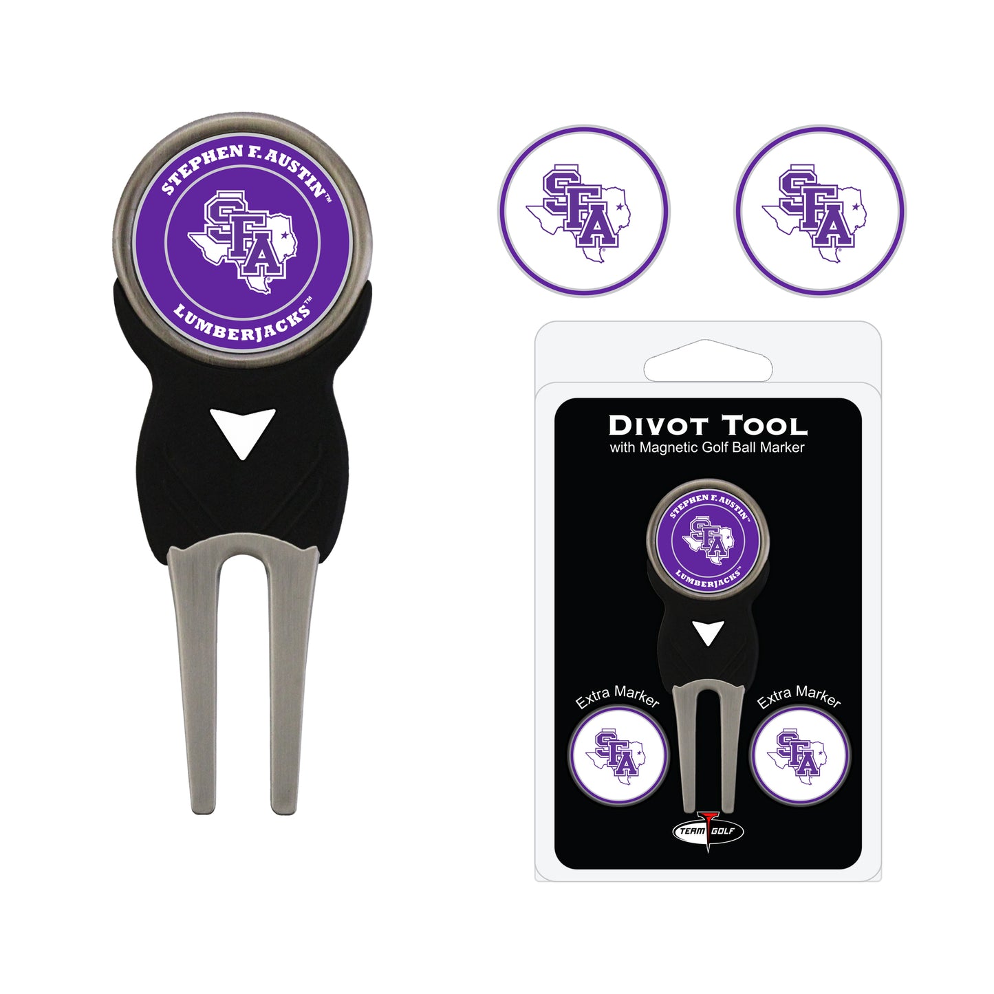 NCAA Personalized Divot Tool with 3 Double-Sided Golf Ball Marker (Stephen F. Austin Lumberjacks)